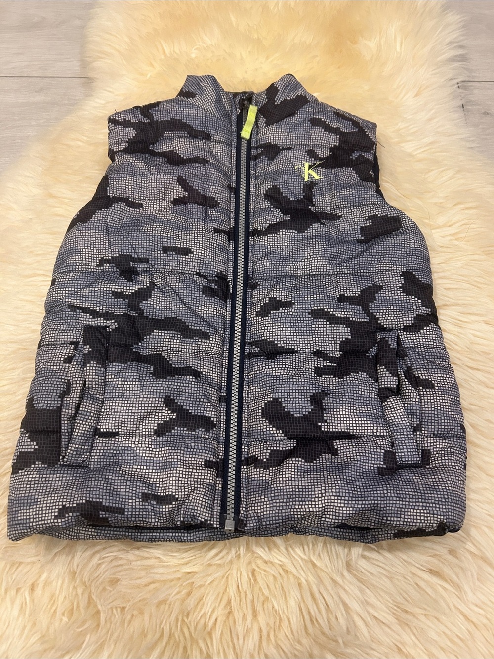 Calvin Klein Jeans Grey & Black Camo Puffer Vest with Neon Accent